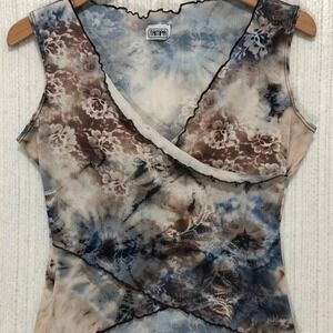 Tampa Vintage Y2K Mesh Tie Dye Floral Faux Wrap Lettuce Trim Tank Top Medium